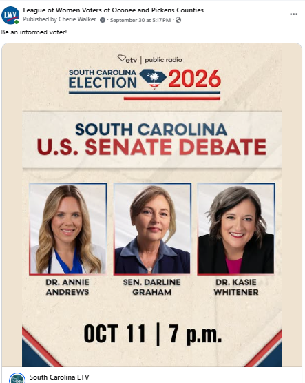A post promoting the SC US Senate Debate