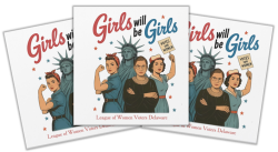  Rose the riveter, the statue of liberty, justice Ruth Bader Ginsberg, and an "everywoman" holding a "Votes for Women" sign aloft.