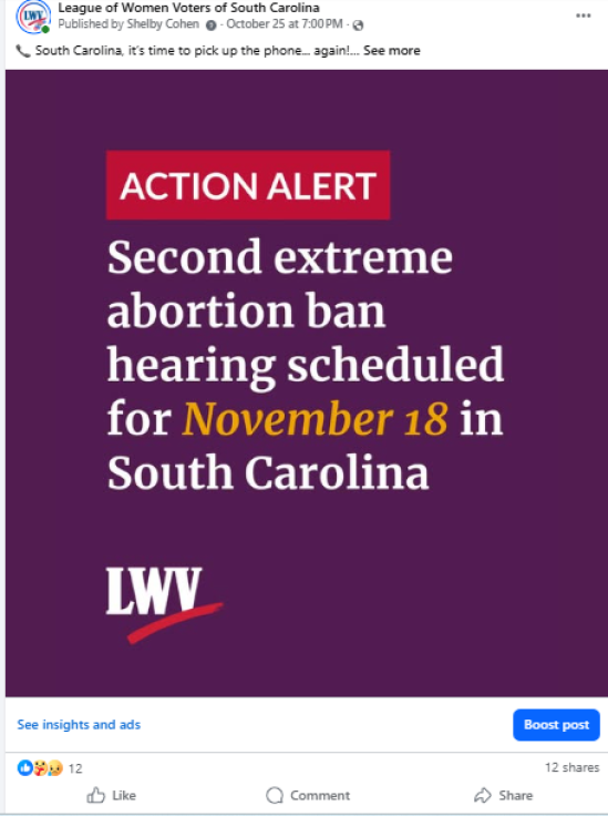A screengrab of a Facebook post from the League of Women Voters of SC