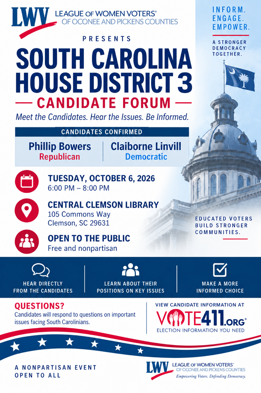 A flyer promoting a candidate forum for SC House District 3