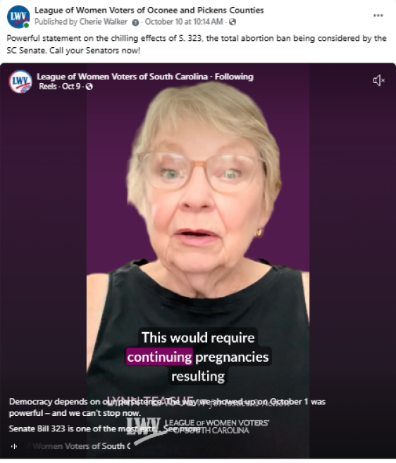 A Facebook post from the League of Women Voters of Oconee and Pickens Counties