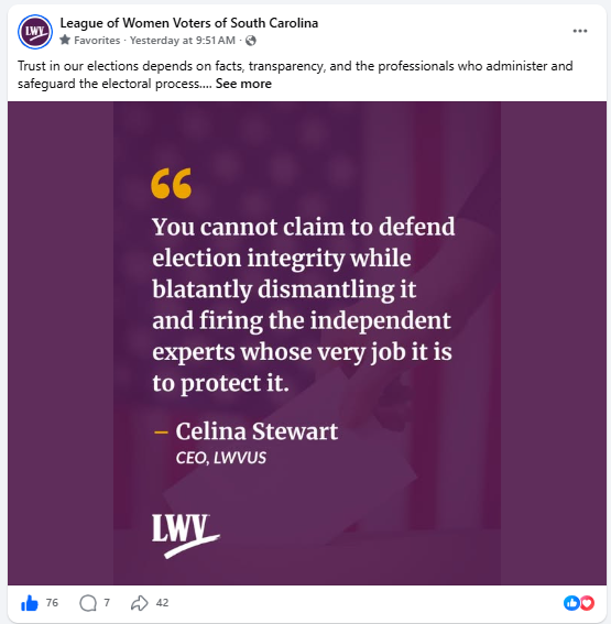A Facebook post from the League of Women Voters of SC account