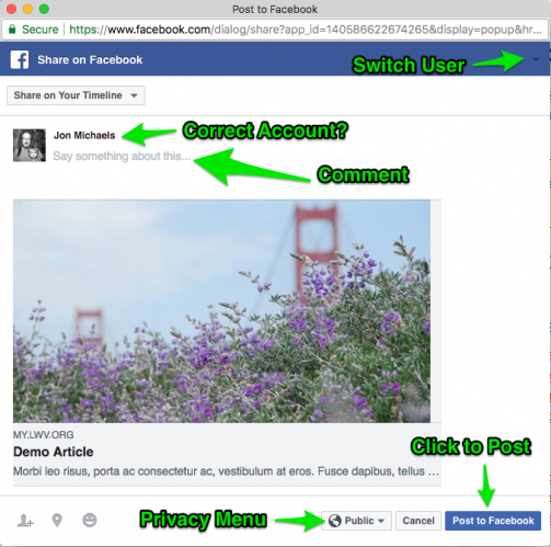 Example of sharing a MyLO article on Facebook via the Share Widget