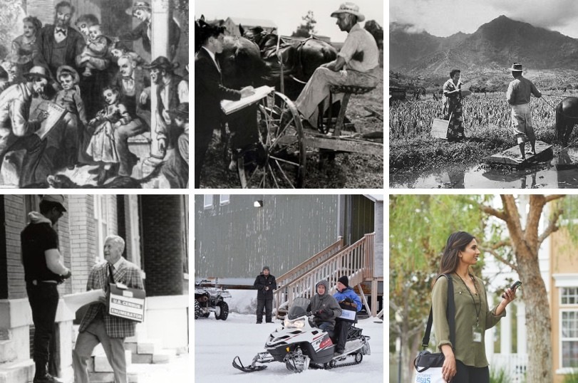 Engravings and photos show census takers at work in (left to right, top to bottom) 1870, 1940, 1960, 1990, 2020, 2020.