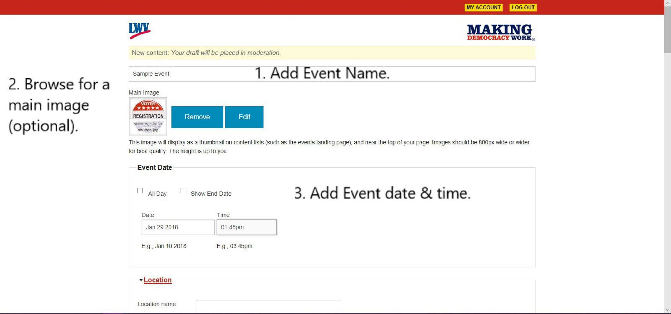 Add Event - add title, main image, &amp;amp; date/time