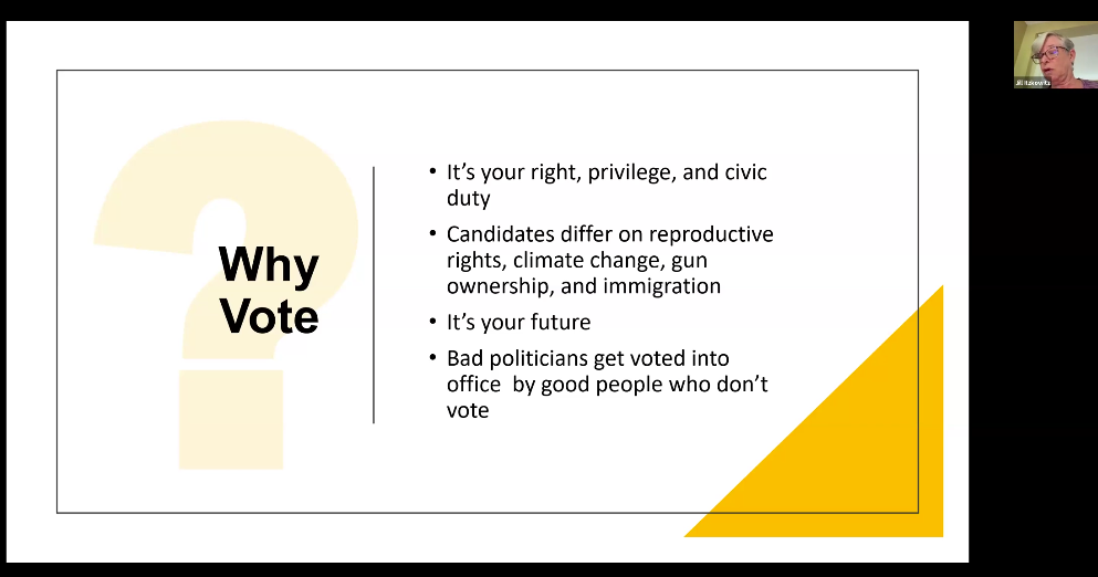 Why Vote - presentation slide shown. Several reasons listed