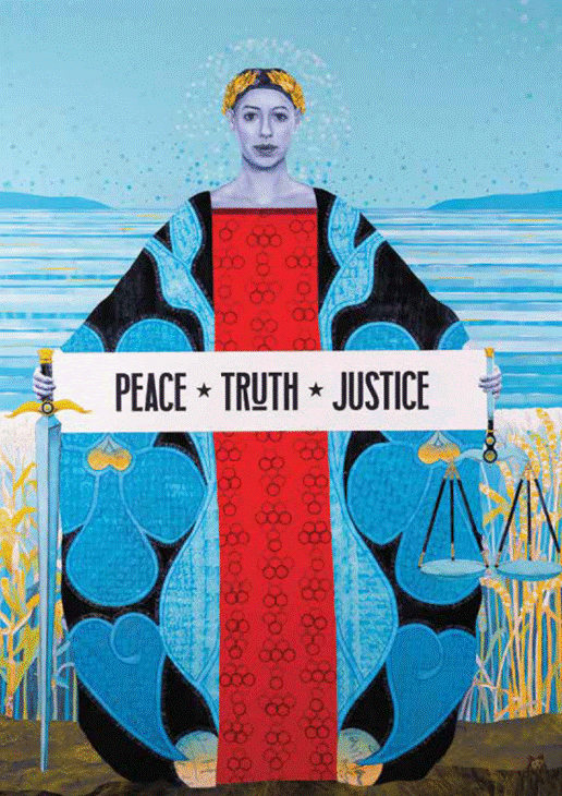 An illustration of a woman in a brightly colored kimono and an olive wreath on her head. She is holding a sword, the scales of justice and a sign that says "Peace, truth, justice."
