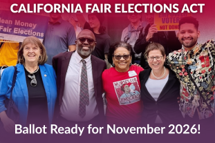 Text reads 'CALIFORNIA FAIR ELECTIONS ACT, Ballot Ready for November 2026'