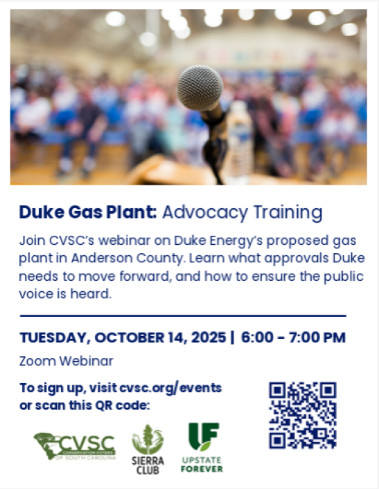 A flyer for advocacy training for the Duke Energy gas plant