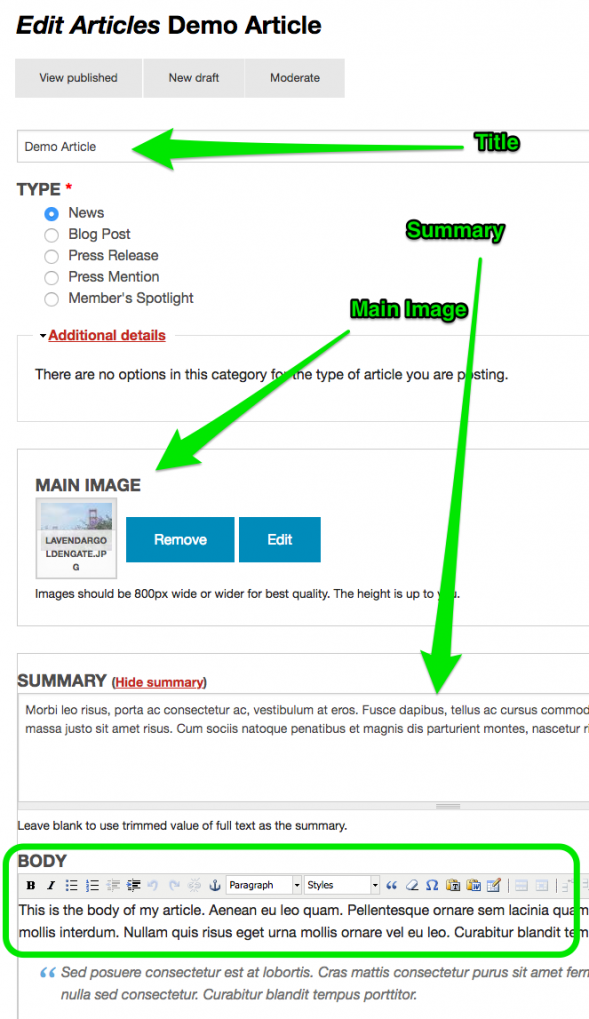 Example of Title, Summary and Main Image fields