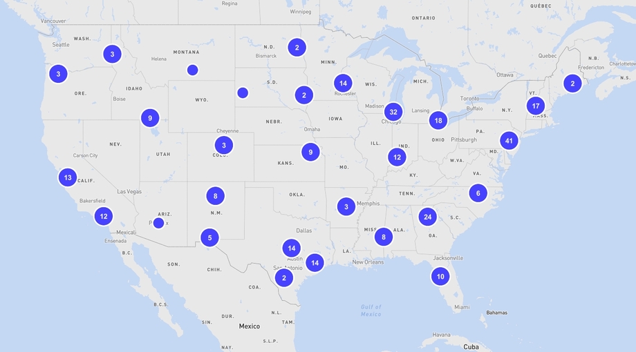 Screenshot of a map of the US with blue dots indicating the presence of day of action events nationwide