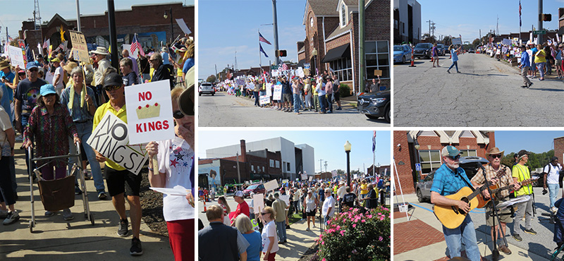 Five images showing people holding signs or playing guitar outside the Seneca Town Hall.
