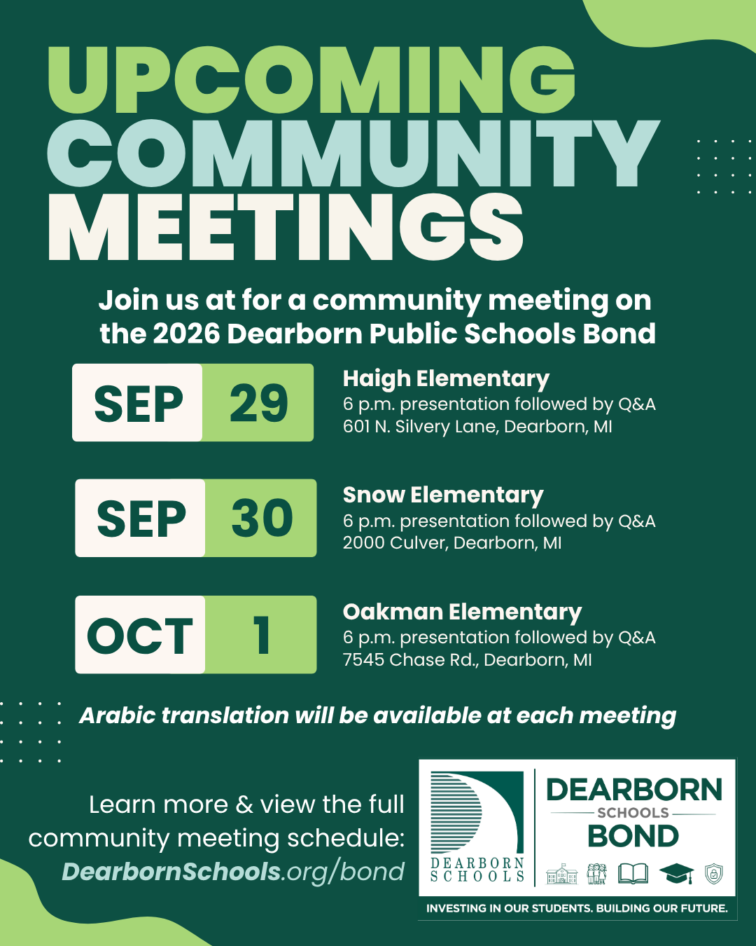 Flyer showing this weeks bond community meetings