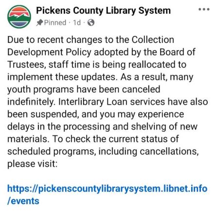A Facebook post from the Pickens County Library System.