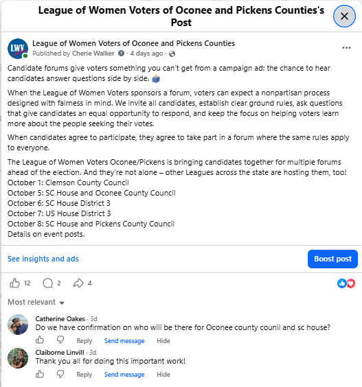 A Facebook post encouraging people to attend candidate forums