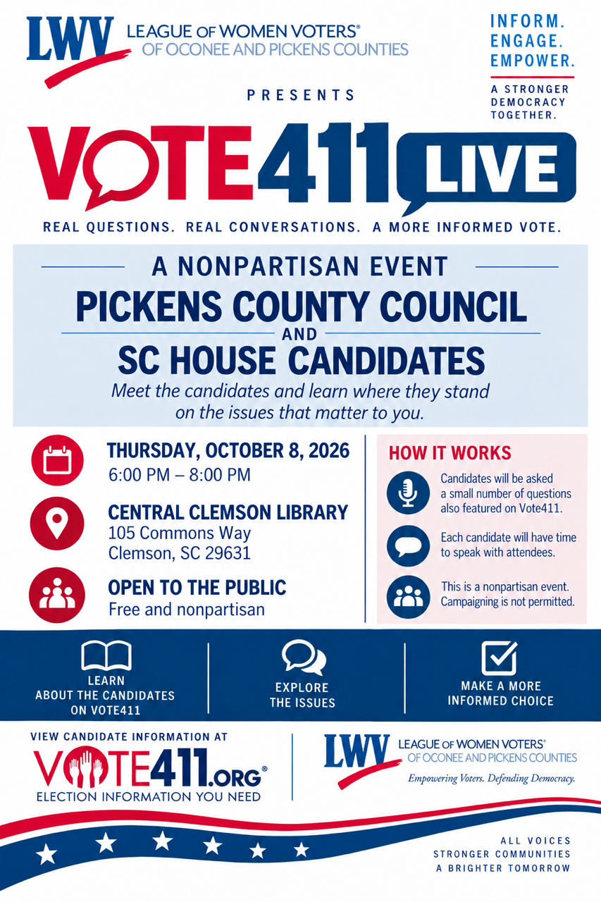 A flyer promoting the Vote411 event at the Central Clemson Library.