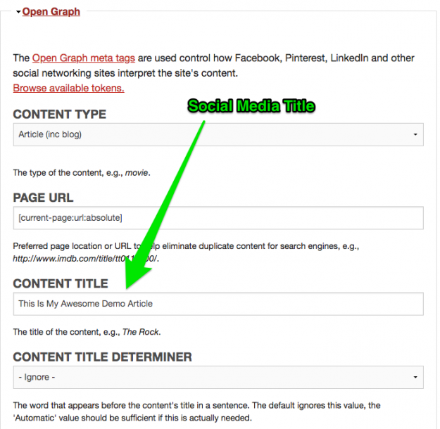 Showing the Content Title field for changing the Title on social media posts.
