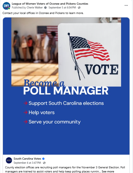 A Facebook post encouraging people to become a poll manager.