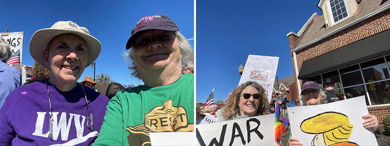 Two group photos of women hodling protest signs.