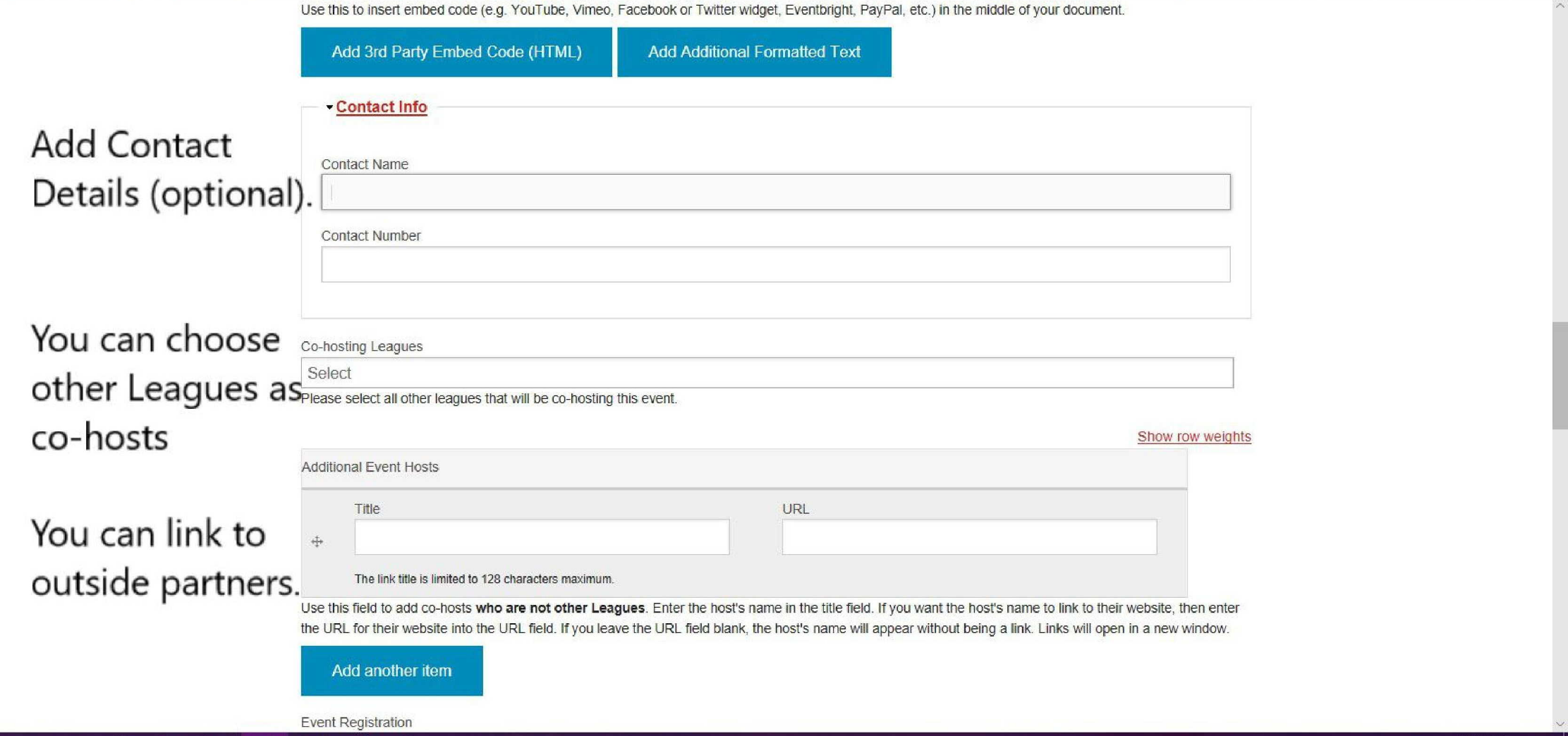 Add Event - add optional contact details, co-hosting Leagues, &amp;amp; link to outside partners