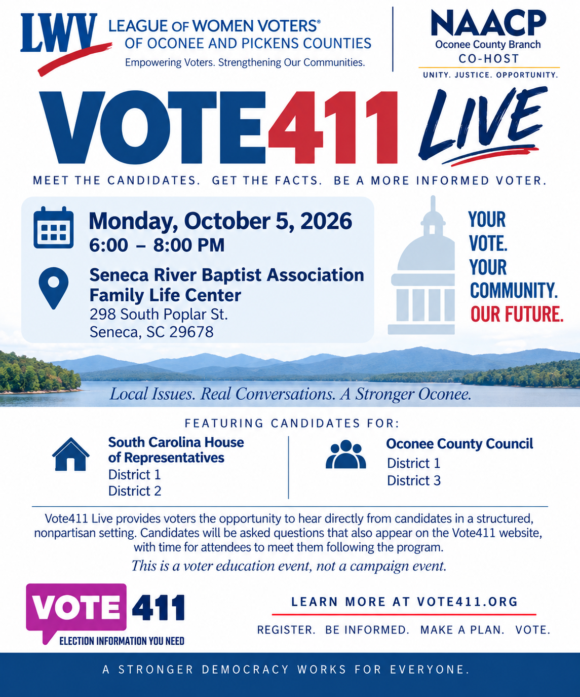 A flyer promoting the Vote411 Live event on Monday, October 5 at the Seneca River Baptist Association Family Life Center
