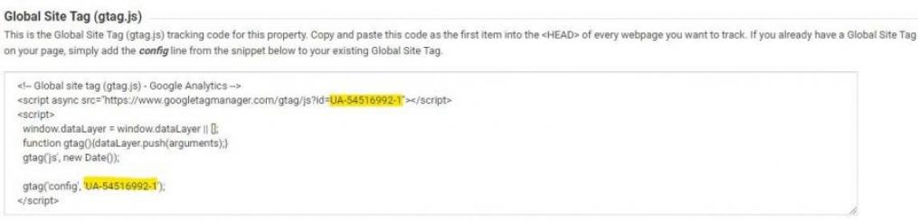 Example of global site tag generated in Google Analytics