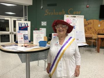 Valerie as Suffragette at presentation to MBHS Honor Society Inducation, Sep 2019