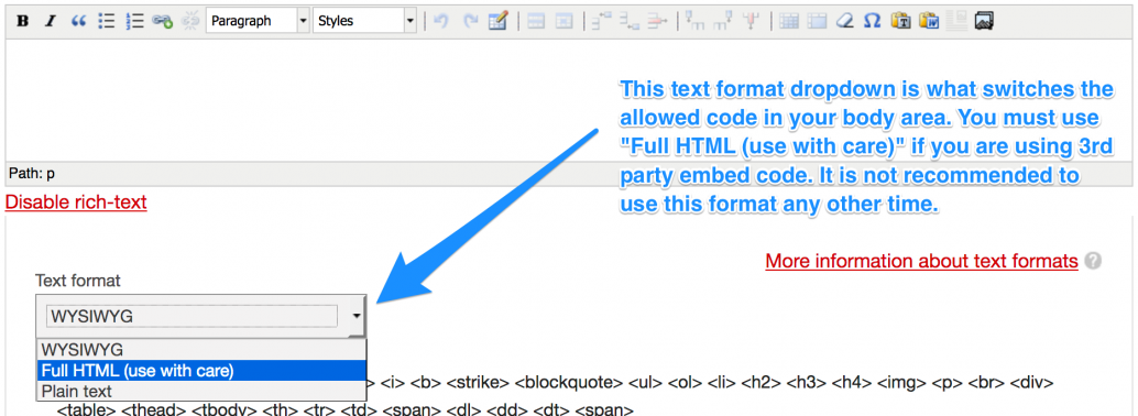 visual demonstrating dropdown to select Full HTML for text format