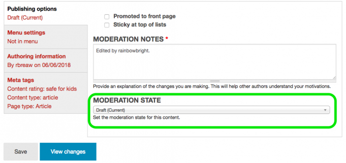 Example of Moderation State menu