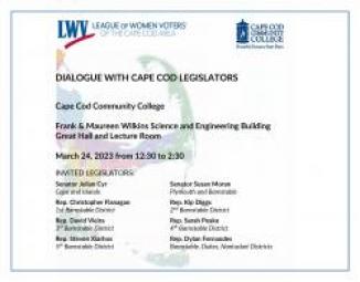Flyer for LWVCCA 2023 meeting with Cape Cod delegation to the Massachusetts Legislature.