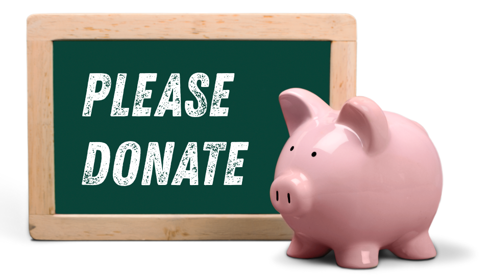 Piggy bank next to the a chalk board with please donate written on it