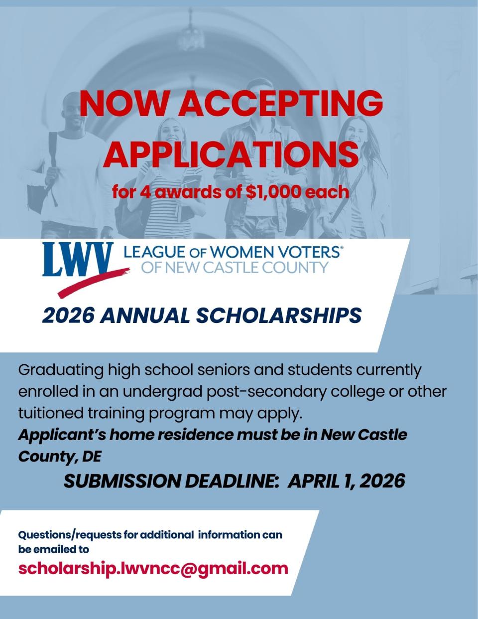 Now Accepting Applications for 4 awards of $1,000 each (LWVNCC 2026 Annual Scholarships flier shown)