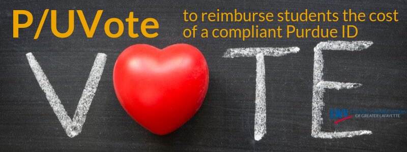 P/UVotes Campaign for LWVGL 2019 P/UVote Campaign information, over the word "Vote" written in chalk on a chalkboard, where the "O" of "Vote" is a heart.