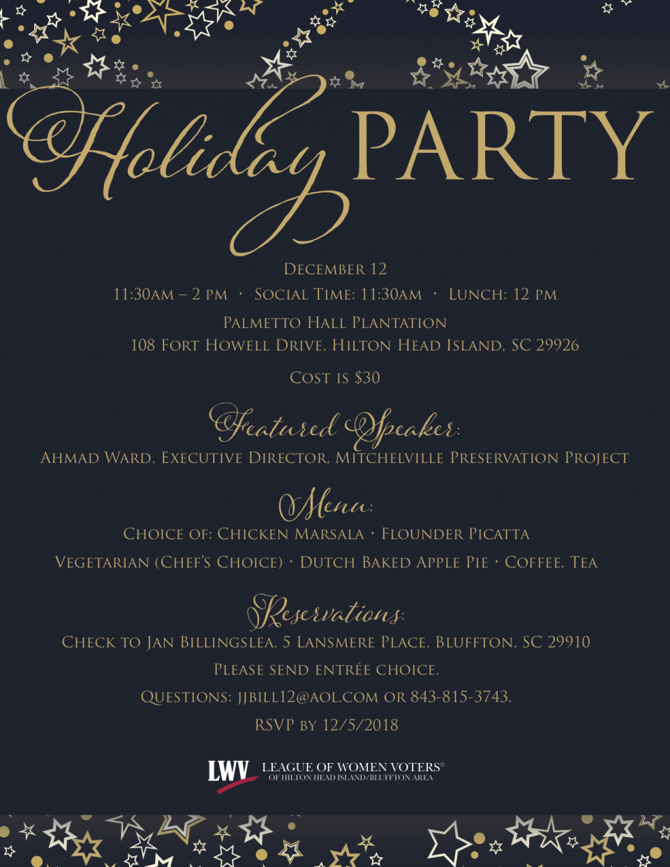 Dec. 12, 11:30-2 pm Holiday Party at Palmetto Hall
