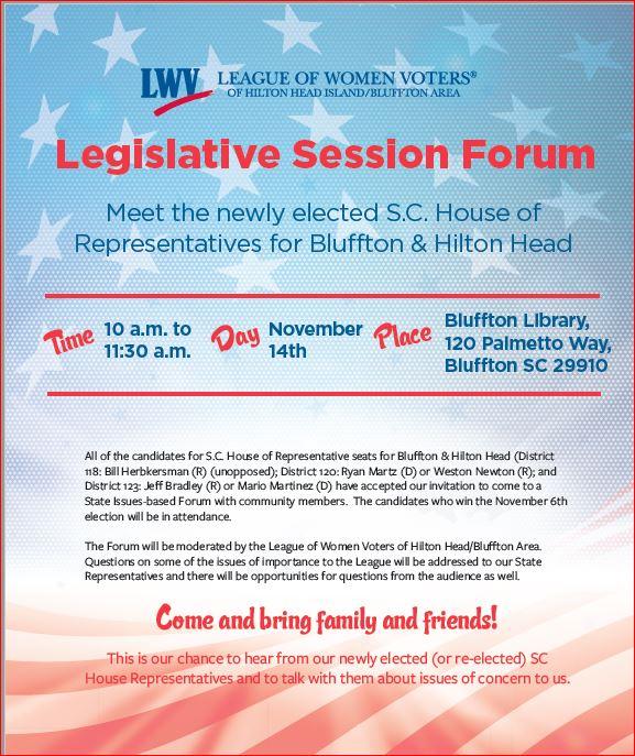 SC House Rep Forum, Nov. 14, 10 am, Bluffton Library