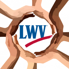 Hands of different colors surrounding the League of Women Voters Logo symbolizing the League's commitment to diversity.