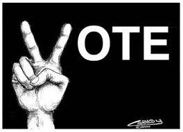Graphic of the word Vote, with a hand and a peace sign as the V Right to Vote graphic