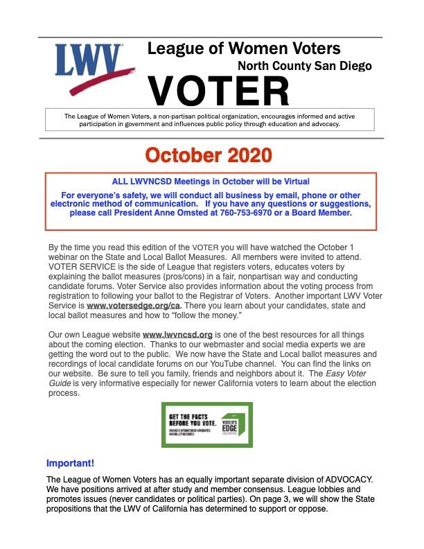 October 2020 LWVNCSD VOTER Newsletter An image of the cover of the October 2020 VOTER newsletter