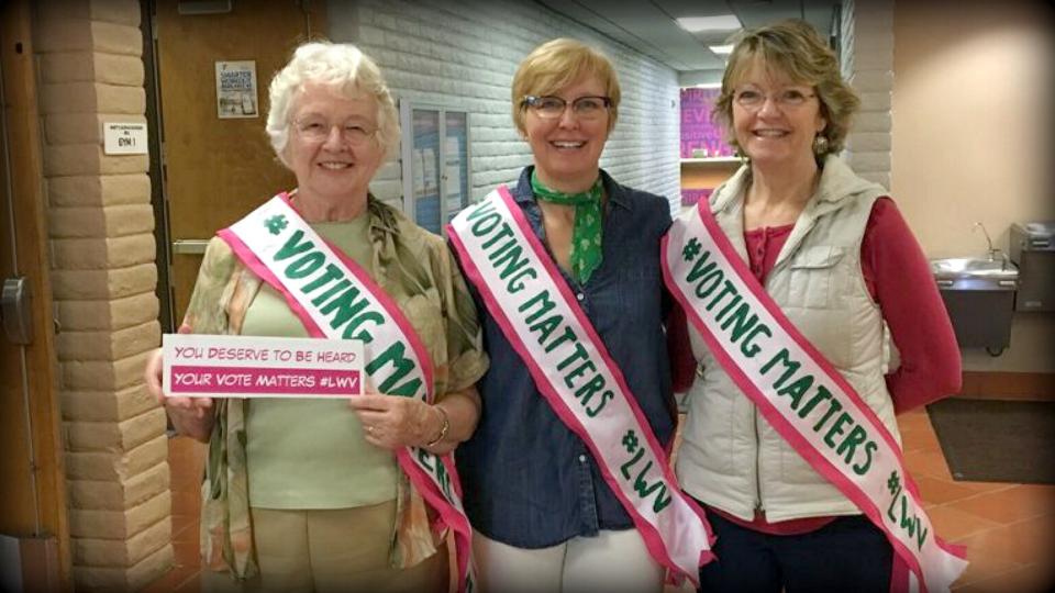 Voting Matters Three members wearing Voting Matters sashes