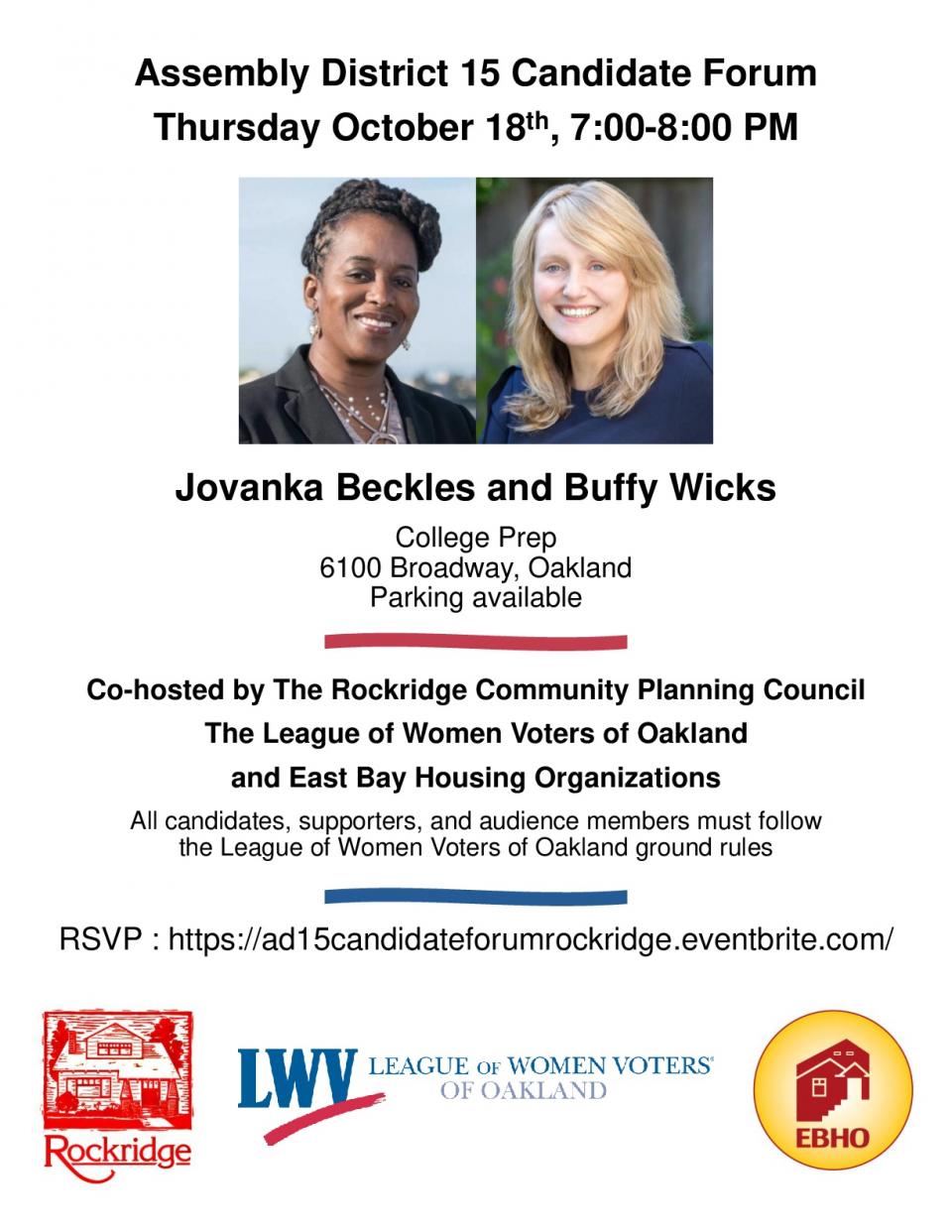 Flier for AD 15 Candidate Forum on 10/18