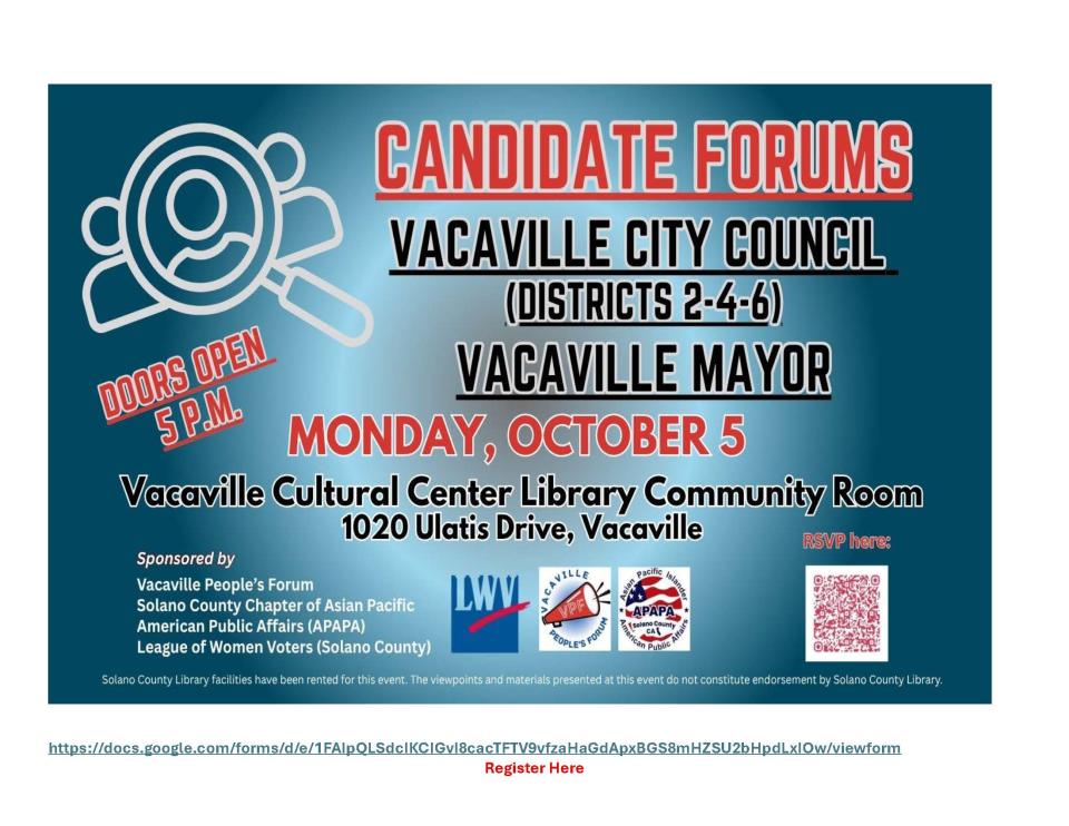 Vacaville Candidate Forum October 5th Vacaville City Council and Mayoral Candidate Forum