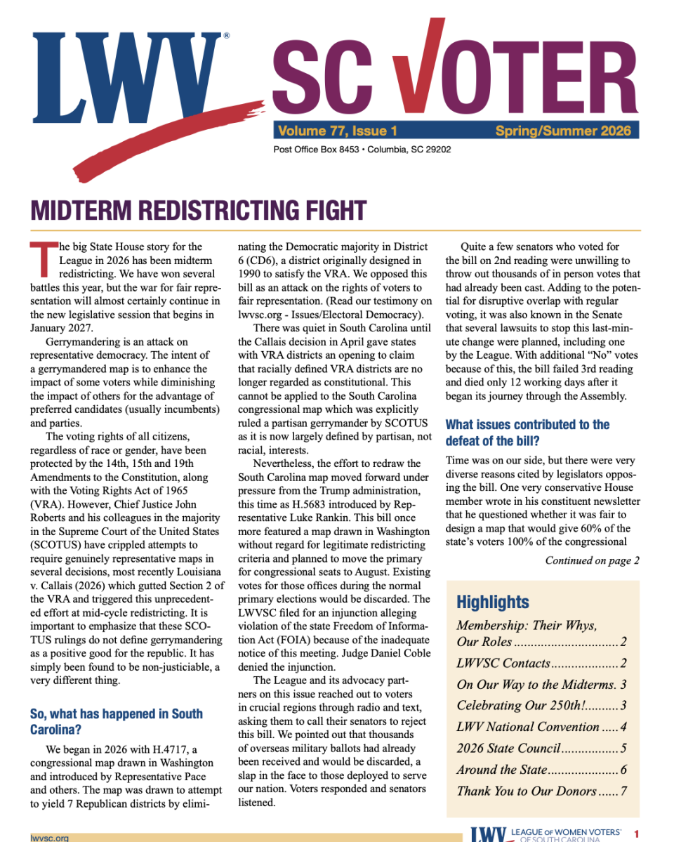 LWVSC SC Voter Spring/Summer 2026 cover