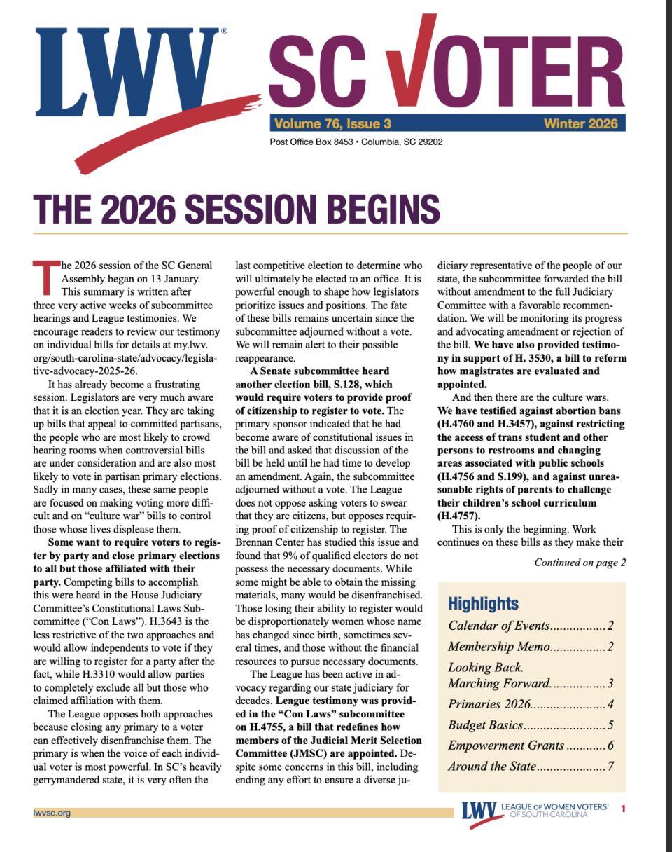 SC Voter Winter 2026 cover: The 2026 Session Begins SC Voter Winter 2026 cover