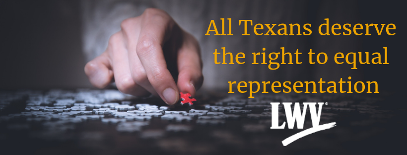 All Texans deserve the right to equal representation A hand with a puzzle. Graphic