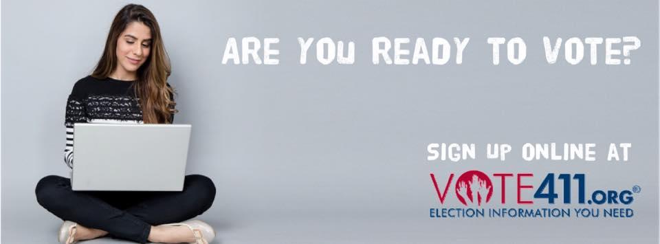 Girl on computer. Are you ready to vote? VOTE411.org