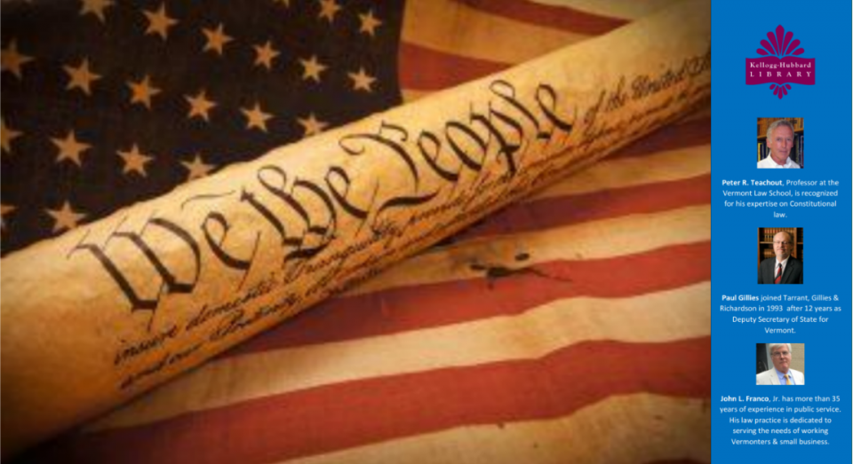 Illustration for Right to Petition Lecture of First Amendment Series Constitution, American Flag, small pictures of speakers