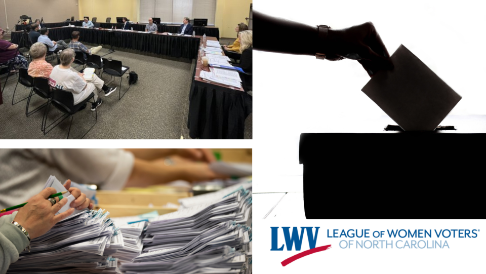 LWVNC LOGO, PERSON PUTTING BALLOT IN BALLOT BOX, PERSON TABULATING VOTES, PEOPLE AT BOARD OF ELECTION MEETING 