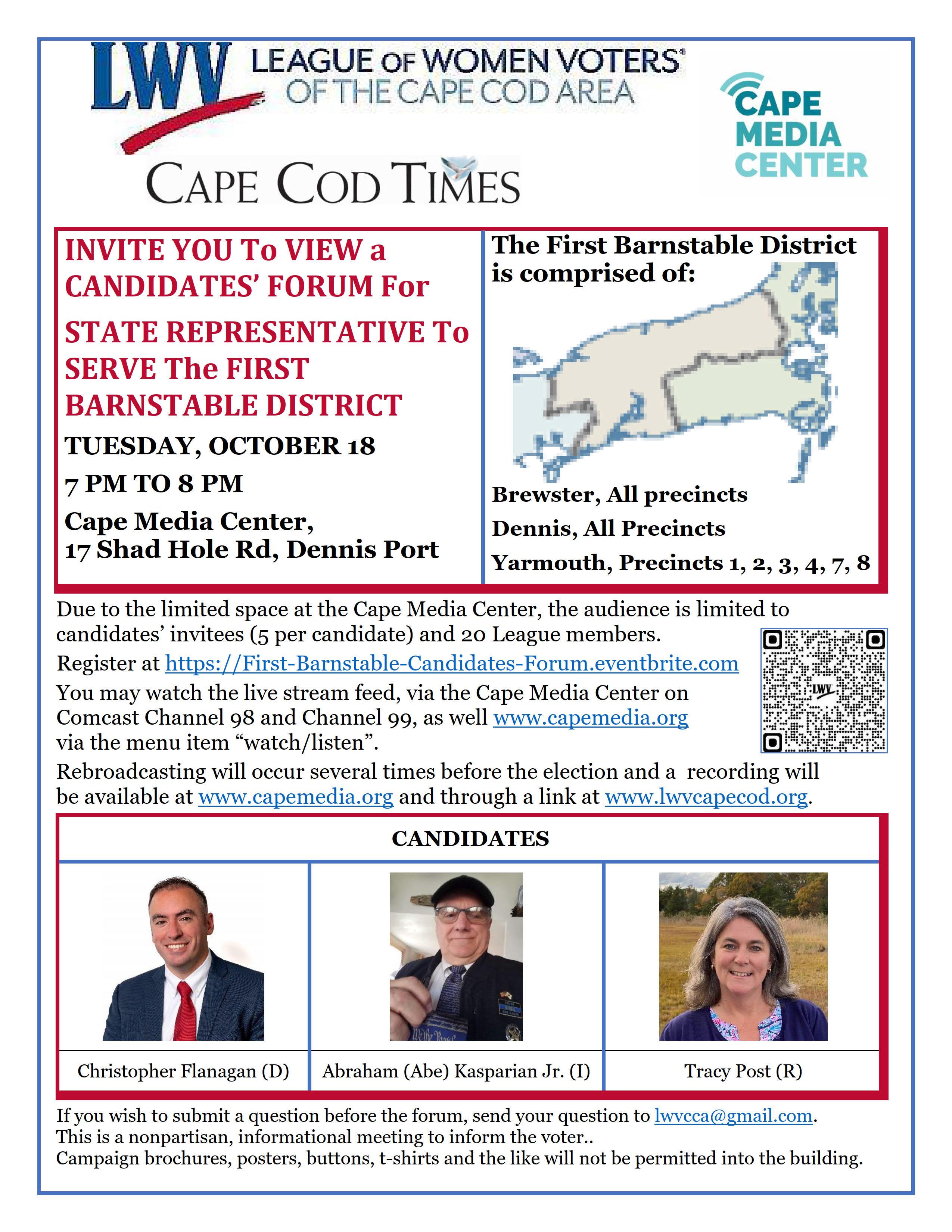 Flyer for 1st Barnstable Candidate Forum October 18