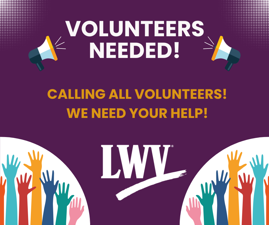 Volunteers needed white and gold text on purple background with multi-color hands raised and megaphone graphics