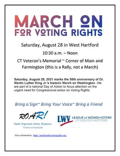 March On For Voting Rights: 8/28/21 10:30am-12pm West Hartford, CT @ CT Veteran's Memorial Corner of Main St & Farmington Ave